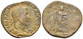 Philip I (244-249). Æ Sestertius (29mm, 17.46g. 2h). Rome, AD 244. Laureate, draped and cuirassed bust r. R/ Victory advancing r., holding wreath and ...