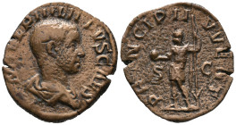 Philip II (Caesar, 244-247). Æ Sestertius (28mm, 13.31g). Rome, AD 246. Bare-headed and draped bust r. R/ Philip II in military attire, standing l., h...