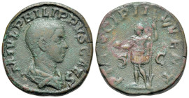 Philip II (Caesar, 244-247). Æ Sestertius (30mm, 19.92g, 12h). Rome, AD 246. Draped bust r. R/ Philip II standing l., holding globe and reversed spear...