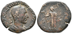 Trajan Decius (249-251). Æ Sestertius (26mm, 16.8g). Rome, 249-250. Laureate and cuirassed bust r. R/ Dacia standing l., holding staff surmounted by a...