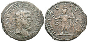 Postumus (260-269). Æ Double Sestertius (28mm, 18.1g). Treveri, 261. Radiate, draped and cuirassed bust r. R/ Postumus standing l., holding globe and ...