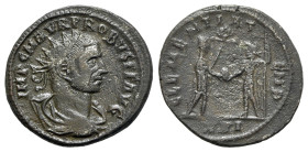 Probus (276-282). Antoninianus (21mm, 4.19g, 11h). Tripolis, AD 276. Radiate, draped and cuirassed bust r. R/ Emperor standing r., holding sceptre sur...