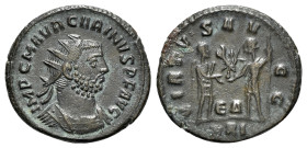 Carinus (283-285). Antoninianus (21mm, 3.83g, 12h). Antioch, AD 284. Radiate and cuirassed bust r. R/ Emperor standing r., holding sceptre, receiving ...
