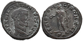 Diocletian (284-305). Æ Follis (29mm, 12.36g). Rome, AD 299. Laureate head r. R/ Genius standing l., wearing modius on head, holding patera and cornuc...