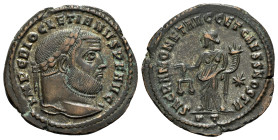 Diocletian (284-305). Æ Follis (29mm, 8.98g, 6h). Ticinum, 304-305. Laureate head r. R/ Moneta standing l., holding scales and cornucopia; star//PT. R...