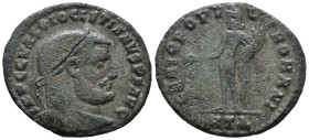 Diocletian (284-305). Æ Follis (26mm, 7.45g). Heraclea, c. 296-7. Laureate head r. R/ Genius standing l., holding patera and cornucopiae; HTΔ. RIC VI ...
