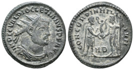 Diocletian (284-305). Antoninianus (18mm, 3.58g). Heraclea, 297-8. Radiate, draped and cuirassed bust r. R/ Diocletian standing r., holding sceptre an...