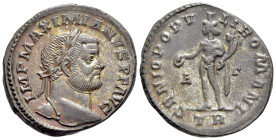Maximianus (286-305). Æ Follis (26mm, 10.41g, 6h). Treveri, 296-297. Laureate head r. R/ Genius standing l., holding patera and cornucopia; E/Γ//TR. R...