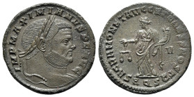 Maximianus (286-305). Æ Follis (26mm, 8.48g, 6h). Aquileia, c. AD 301. Laureate head r. R/ Moneta standing l. holding cornucopia and scales; V//AQS. R...