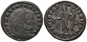 Maximianus (286-305). Æ Follis (28mm, 8.09g). Siscia. Laureate head r. R/ Genius standing l., holding patera and cornucopia; B//SIS. RIC VI 108b. Near...