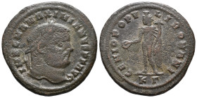 Maximianus (286-305). Æ Follis (28.5mm, 9.95g). Cyzicus, 295-6. Laureate head r. R/ Genius standing l., holding patera from which liquor flows and cor...
