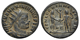 Maximianus (286-305). Æ Antoninianus (19mm, 3.40g, 12h). Cyzicus, 295-9. Radiate, draped and cuirassed bust r. R/ Jupiter presenting Victory on globe ...