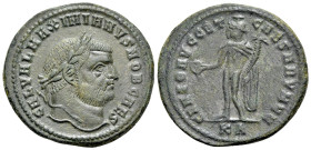Galerius (Caesar, 293-305). Æ Follis (28 mm, 17.43g, 12h). Cyzicus, 295-6. Laureate head r. R/ Genius standing l., holding patera and cornucopia; KA. ...