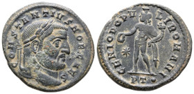 Constantius I (Caesar, 293-305). Æ Follis (26 mm 8,33 g), Ticinum, 298-299. Obv. CONSTANTIVS NOB CAES Laureate head of Constantius I right. Rev. GENIO...