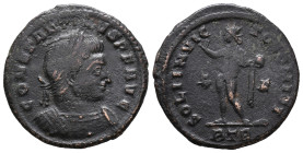 Constantine I (307/310-337). Æ Follis (20mm, 3.26g). Treveri. Laureate and cuirassed bust r. R/ Sol standing l., holding globe; T-F/BTR. RIC VII 135. ...