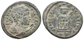 Constantine I (307/310-337). Æ Follis (17mm, 2.97g). Treveri, AD 321. Laureate bust r., wearing trabea and holding eagle-tipped sceptre. R/ Globe set ...