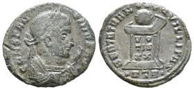 Constantine I (307/310-337). Æ Follis (16mm, 2.51g). Treveri, AD 322-3. Laureate bust r., wearing trabea and holding eagle-tipped sceptre. R/ Globe se...