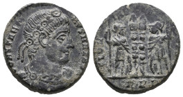 Constantine I (307/310-337). Æ Follis (15mm, 2.43g). Treveri, 330-5. Rosette-diademed, draped and cuirassed bust r. R/ Two soldiers flanking two stand...