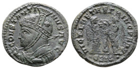 Constantine I (307-337). Æ Follis (19mm, 2.68g). Siscia, AD 319. Helmeted and cuirassed bust of Constantine I r., holding spear and mappa. Rev. VICT •...