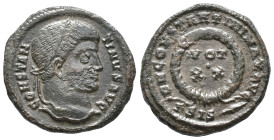Constantine I (307/310-337). Æ Follis (17mm, 3,17g). Siscia, 321-4. Laureate head r. R/ VOT/XX in two lines within wreath; ΓSIS(spear-head). RIC VII -...