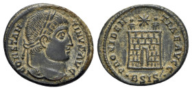 Constantine I (307/310-337). Æ Follis (19mm, 3.22g, 11h). Siscia, 326-7. Laureate head r. R/ Camp gate with two turrets, star above; •BSIS•. RIC VII 2...