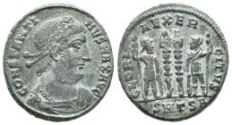Constantine I (307/310-337). Æ Follis (16mm, 2.8g). Thessalonica, 330-3. Diademed, draped and cuirassed bust r. R/ Two soldiers flanking two standards...