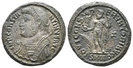 Constantine I (307/310-337). Æ Follis (18mm, 3.72g). Nicomedia, 317-320. Laureate bust l., wearing consular robes and holding sceptre, globe and mappa...