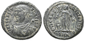 Constantine I (307/310-337). Æ Follis (16mm, 3.17g). Cyzicus, 317-320. Laureate bust l., wearing consular robes and holding sceptre, globe and mappa. ...