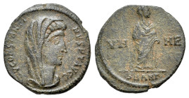 Divus Constantine I (died AD 337). Æ (16mm, 1.62g, 6h). Antioch, 347-8. Veiled head r. R/ Constantine, veiled, standing r.; SMANΓ. RIC VIII 112. Brown...