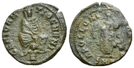 ‘Persecution’ issue, time of Maximinus II (310-313). Æ (15.5mm, 1.02g, 11h). Antioch. Tyche seated facing on rocks; below, half-length figure of river...