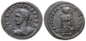 Crispus, Caesar, 316-326. Æ Follis (21 mm, 2.76 g), Treveri, 321. Obv. IVL CRISPVS NOB CAES Laureate and cuirassed bust of Crispus to left, holding sp...