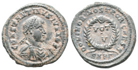 Constantine II (Caesar, 317-337). Æ Follis (18mm, 3.61g). Heraclea, AD 324. Laureate, draped and cuirassed bust r. R/ VOT V in laurel wreath; SMHΓ. RI...