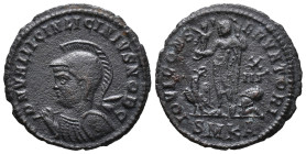 Licinius II (Caesar, 317-324). Æ Follis (20mm, 2.50g). Cyzicus, 321-4. Helmeted and cuirassed bust l., holding round shield and spear over shoulder. R...
