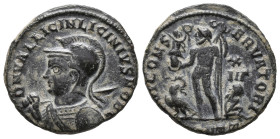 Licinius II (Caesar, 317-324). Æ Follis. Antioch, 321-3. Helmeted and cuirassed bust l., holding spear over should, shield on l. arm. R/ Jupiter stand...