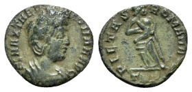 Helena (Augusta, 324-328/30). Æ (14mm, 1.18g, 12h). Treveri, AD 340. Diademed and draped bust r. R/ Pietas standing facing, head to r., carrying an in...