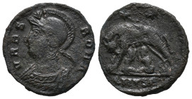 Commemorative Series, 330-354. Æ Follis (18mm, 2.36g). Thessalonica, 330-3. Helmeted and draped bust of Roma l. R/ She-wolf standing r., suckling the ...
