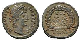 Constans (337-350). Æ Follis (15mm, 1.88g, 6h). Alexandria, 345-7. Pearl-diademed head r. R/ VOT XX MVLT XXX within wreath; SMALA•. RIC VIII 37. Good ...