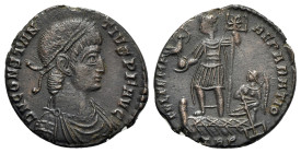 Constantius II (337-361). Æ Centenionalis (22mm, 4.86g, 12h). Treveri, 348-350. Diademed, draped and cuirassed bust r. R/ Emperor standing l. on galle...