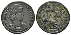 Constantius II (337-361). Æ (23mm, 5.48g, 12h). Constantinople, 351-5. Pearl-diademed, draped and cuirassed bust r. R/ Helmeted soldier l., shield on ...