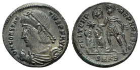 Constantius II (337-361). Æ (20.5mm, 3.60g, 6h). Cyzicus, 348-350. Pearl-diademed, draped and cuirassed bust l., holding globe. R/ Emperor walking r.,...