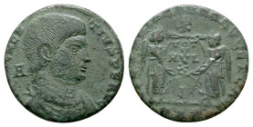 Magnentius, 350-353. Follis, Arelate, 351.353. Obv. D N MAGNENTIVS P F AVG Bare-headed, draped and cuirassed bust of Magnentius to right; A behind hea...