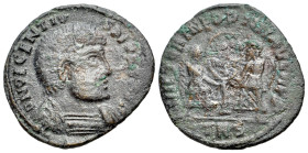 Decentius (Caesar, 350/1-353). Æ (21mm, 2.94g, 6h). Treveri. Bare-headed and cuirassed bust r. R/ Two Victories standing facing one another, holding a...