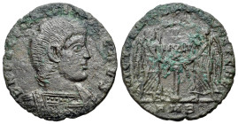Decentius (Caesar, 350/1-353). Æ Centenionalis (22mm, 4.20g, 12h). Ambianum. Bareheaded and cuirassed bust r. R/ Two Victories standing vis-à-vis, bot...