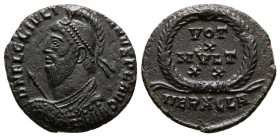 Julian II (360-363). Æ (19mm, 2.72g). Heraclea, 361-363. Pearl-diademed, helmeted and cuirassed bust l., holding spear and shield. R/ VOT/ X/ MVLT/ XX...