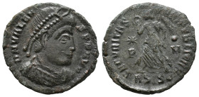 Valens (364-378). Æ (18mm, 2.33g). Siscia, 364-7. Pearl-diademed, draped and cuirassed bust r. R/ Victory advancing l., holding wreath and palm; ASIS•...