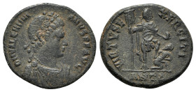 Valentinian II (375-392). Æ (22mm, 5.05g, 6h). Antioch, 383-8. Pearl-diademed, draped, and cuirassed bust r. R/ Emperor standing r., holding standard ...