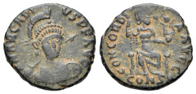 Arcadius (383-408). Æ (17mm, 2.56g, 6h). Constantinople, 401-3. Diademed, helmeted and cuirassed bust facing slightly r., holding spear over shoulder ...