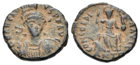 Arcadius (383-408). Æ (16mm, 2.69g, 11h). Antioch, 401-403. Pearl-diademed, helmeted and cuirassed bust facing slightly r., holding spear over shoulde...