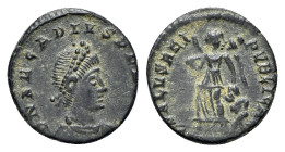 Arcadius (383-408). Æ (13mm, 1.18g, 12h). Uncertain mint. Pearl-diademed, draped and cuirassed bust r. R/ Victory advancing l., head r., dragging capt...
