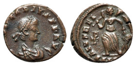 Arcadius (383-408). Æ (13mm, 1.24g, 12h). Uncertain mint. Pearl-diademed, draped and cuirassed bust r. R/ Victory standing l., dragging captive, holdi...